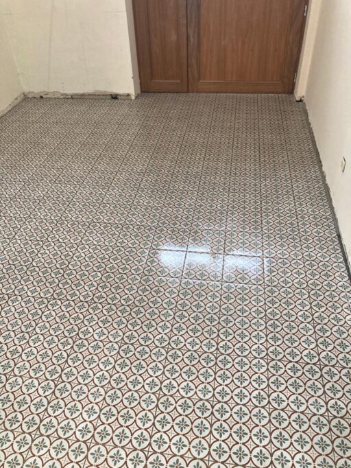 Plaatsen van tegels 20×20 Romanza Ariel in inkom en toilet te Bazel